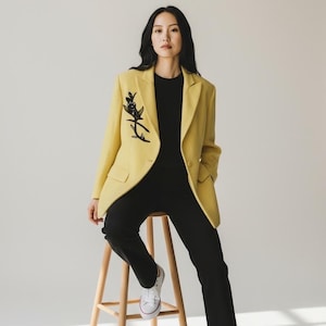 Escada blazer Vintage Margareta Ley Yellow Wool Angora One Button Notched Collar Blazer Flower Application Size 42,  Gift for Her, Birthday