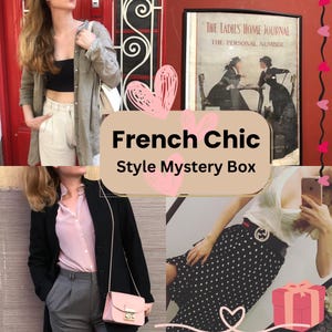 May include: A collage of four images showcasing different French chic style outfits. The first image features a woman wearing a beige linen shirt, a black crop top, and white trousers. The second image shows a woman wearing a pink button-down shirt, a black blazer, and grey trousers. The third image features a woman wearing a white top, a black and white polka dot skirt, and a black belt with a gold buckle. The fourth image shows a woman wearing a white top and a black and white polka dot skirt. The text "French Chic Style Mystery Box" is displayed in the center of the collage.