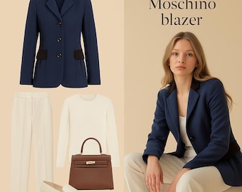 Chaqueta de lana azul marino estilo años 90 de Moschino con detalles de terciopelo y botones de flores. Regalo perfecto para ella. Blazer de diseñador.