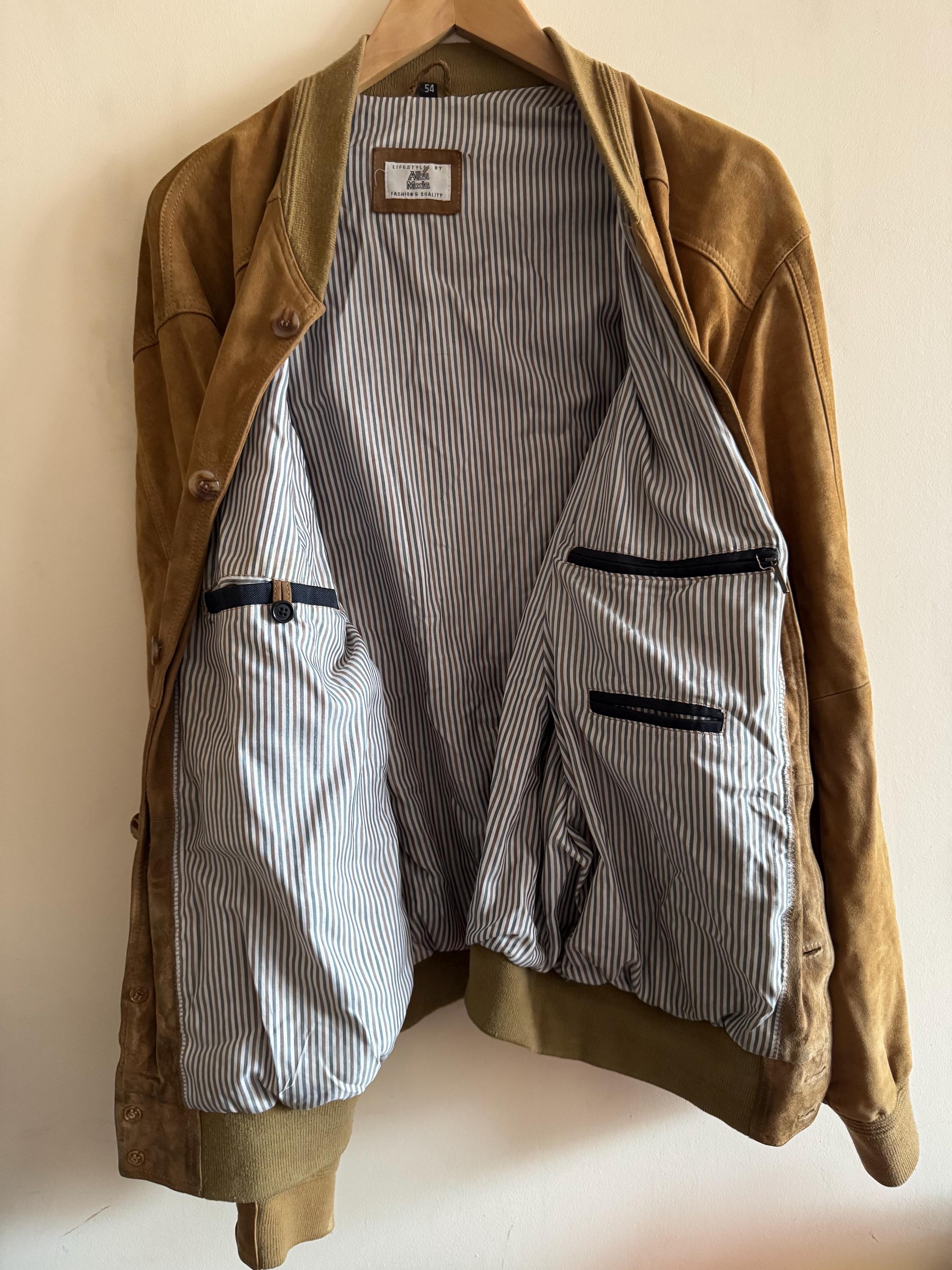 Vintage 80s Italian Suede Bomber Jacket by Alba Moda, Classic Tan