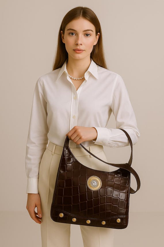 GIANNI VERSACE Rare 80s Brown Leather Bag Collectable Versace