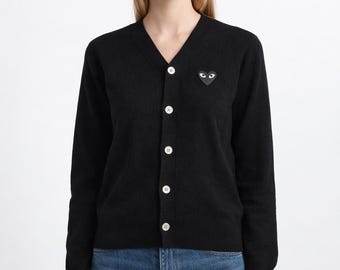 Comme des Garçons PLAY Black Wool Cardigan Heart Logo Made in Japan Size S Classic Play 2000s early 2010s
