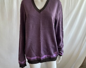 BALLY 100% lana merino extra fine maglione con scollo a V viola maglione unisex taglia US 44 unisex, pullover in pura lana, regalo per lei, regalo per lui