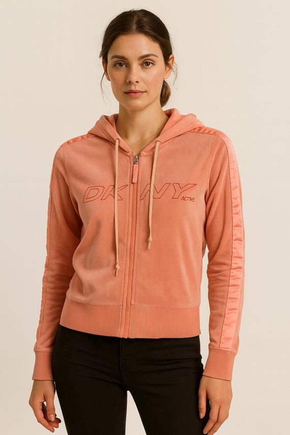 DKNY Active Velour Hoodie, Coral Pink Zip up Jacket, Y2K 2000s S