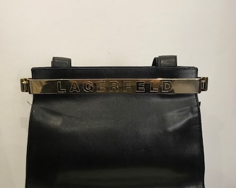 Rare 80s- 90s Lagerfeld Black Leather Gold Logo Top Handle Handbag,