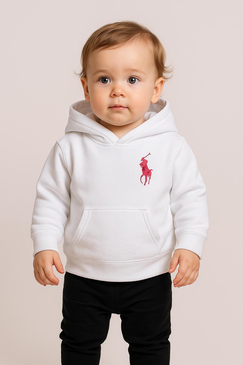 Kids Hoodie: Ralph Lauren White Cotton - Pink Logo, Unisex 1-1.5Y