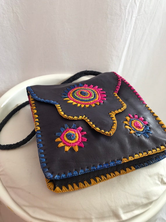 70s vintage bohemian bag, boho leather bag with m… - image 6