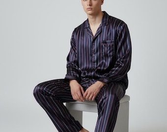 Pigiama di seta: pigiama da uomo a righe blu (set da salotto XL)