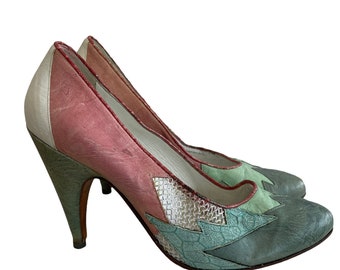 EL Vaquero Womens Green Leather Italian Handmade Patchwork Pump Heels Taille 7