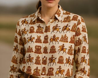 May include: A cream-coloured button-down shirt featuring a repeating pattern of riders on horseback and architectural designs in brown and gold. The shirt is worn with brown trousers and a brown belt.