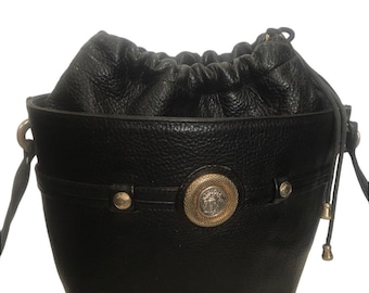 Gianni Versace bag vintage bucket leather bag 90s RARE designer handbag Gift for her Birthday gift Medusa logo black leather