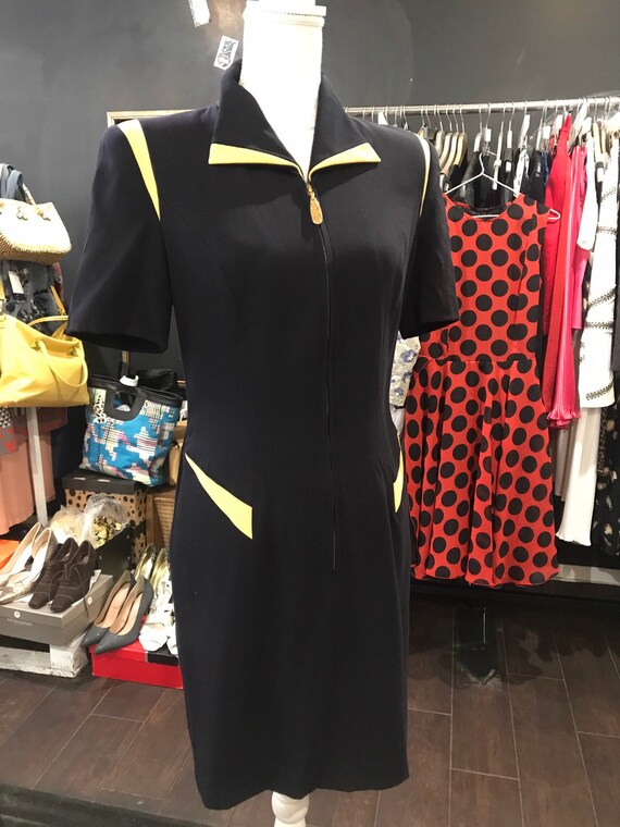 Escada Blue and Yellow Zipped Mid Length Wool Dress S Size