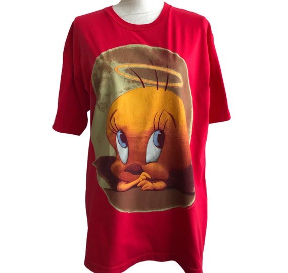 Piolin con halo camiseta oversize vintage unisex en talla L 00s linda camiseta de dibujos animados en color rojo tomate camiseta Changes 00s Etsy Espana