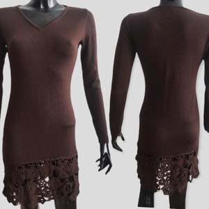designer Mariella Burani wool V neck dress , crochet details, 36 size , designer winter dress, fitted wool dress