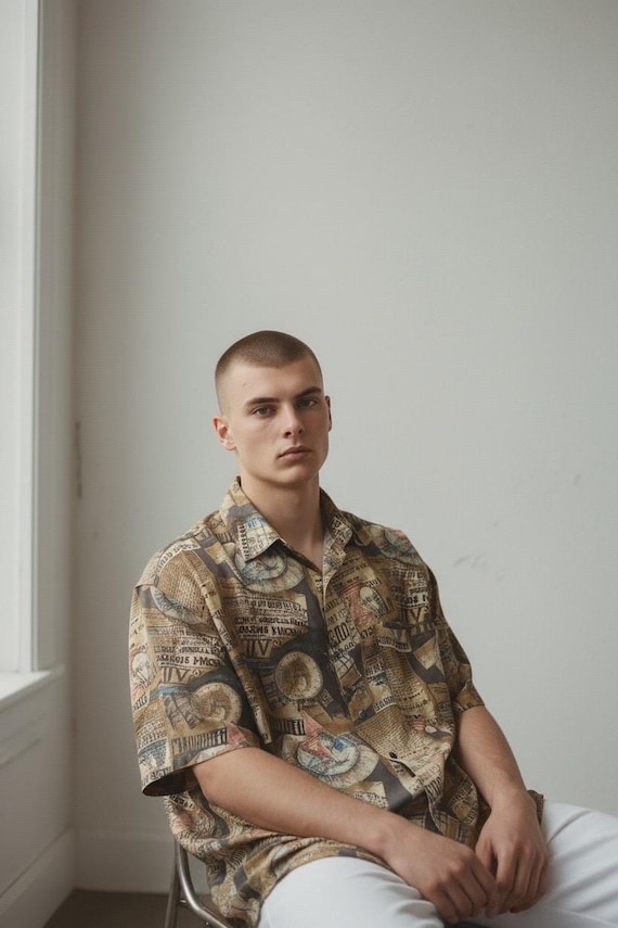 Abstract Print Silk Shirt: Vintage 80s Button-Up, Lightweight
