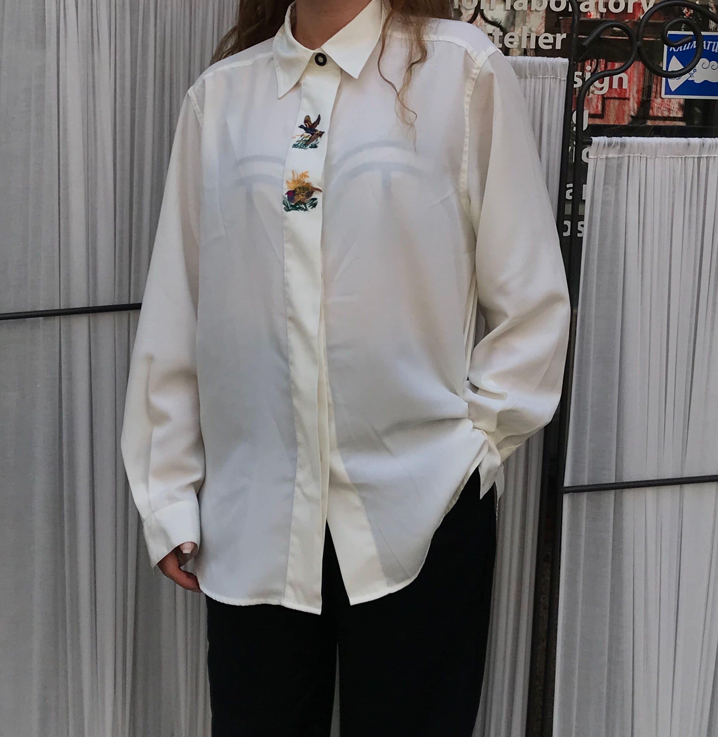70s Shirt , Collared , Hidden Buttons , Handmade Embroidery 