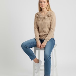 Cárdigan 100% cachemir, vintage, cachemir, elegante, color té, nude, beige