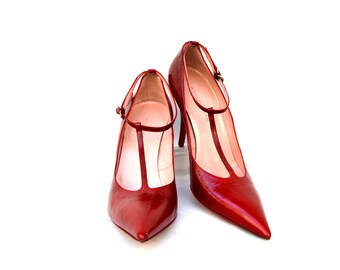 Red Leather shoes / leather heels / red heels / size 39