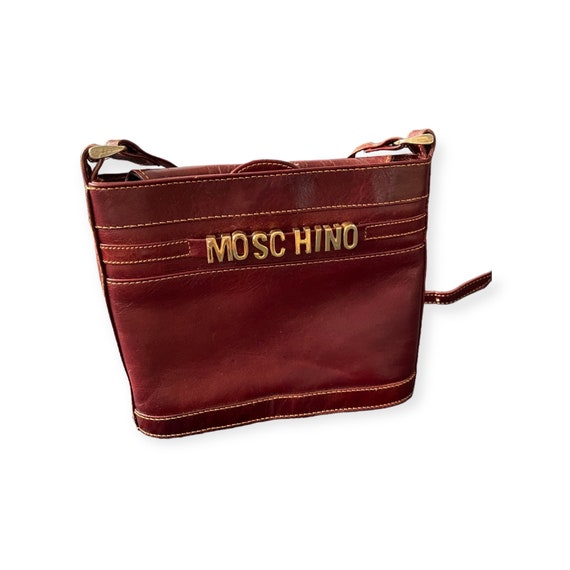 Rare 90s Moschino Bag Crossbody Maroon Brown Leather Gold Letters