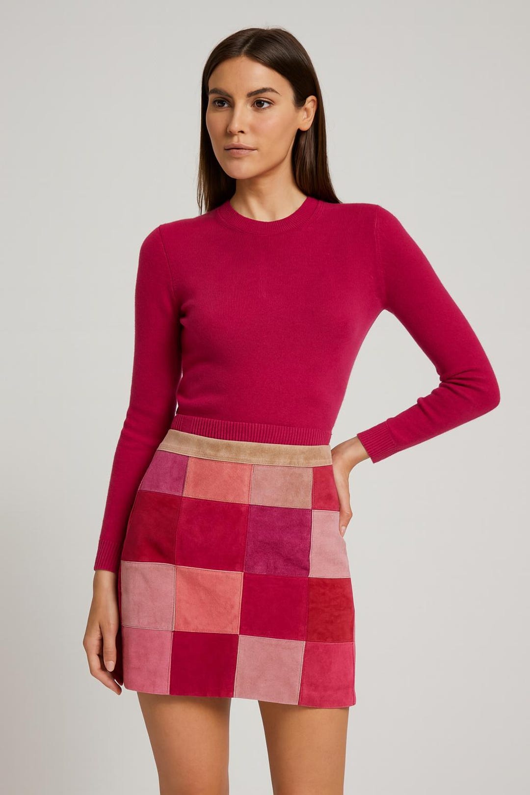 Vintage Express 2000s Suede Mini Patchwork Skirt Red Pink