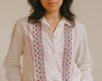 1990s Bulgarian Folk Embroidered Button-Down Shirt — Traditional 70s-Inspired Folk Blouse, Vintage Eastern European