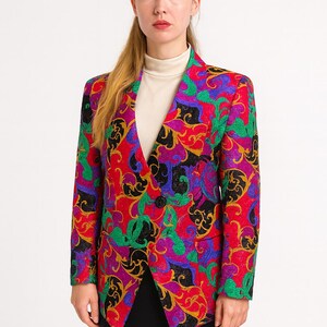 Blazer barroco de lana y seda Augustat de los años 80: chaqueta vintage llamativa, colorida y con un solo botón