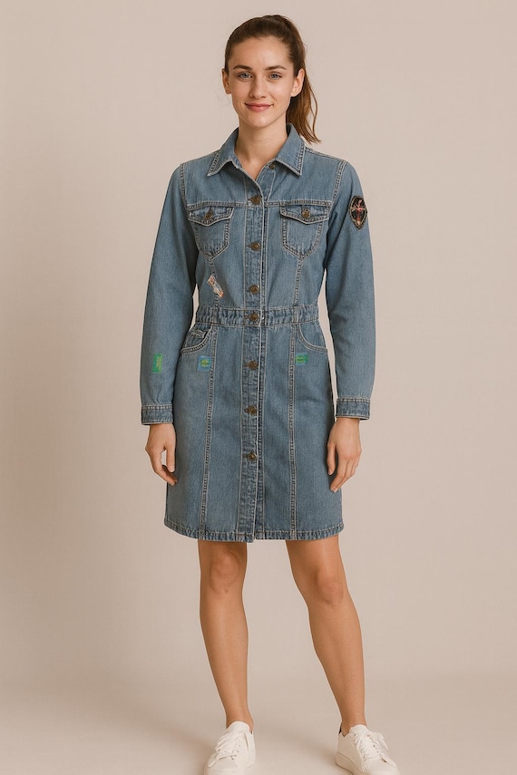 1990 Vintage Denim Dress/ Jacket with Embroideries / 90s