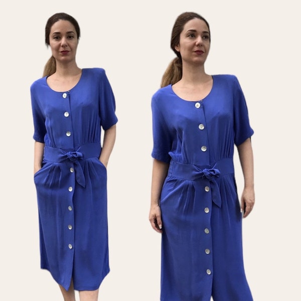 Silk blue maxi dress / 80s dress / 100 % silk dress/ feminine dress vintage / vintage silk maxi dress / Royal blue dress