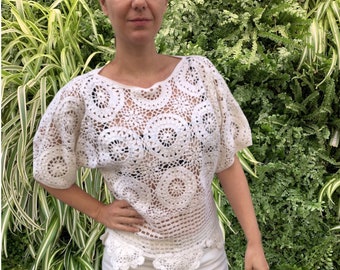 Hand knitted vintage blouse , crochet top , boho , bohemian , romantic , 60s , 70s , lace, festival , party