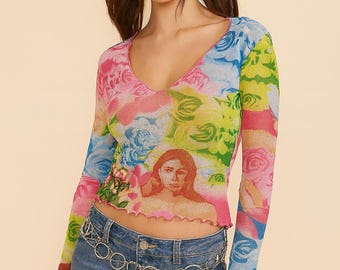 Top in rete floreale romantica – Top trasparente a maniche lunghe Y2K anni 2000 – Blusa trasparente rosa XS