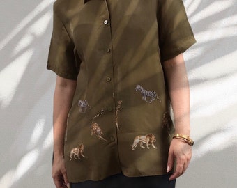 80s shirt , cupro , jungle pattern , medium , boxy cut