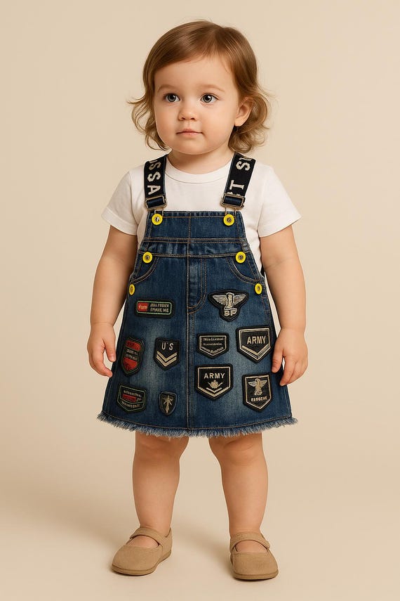 Vintage Military-Style Denim Pinafore Dress for Girls 2-3 Years, Distressed Denim Skirt with Patches, Adjustable Straps