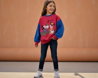 Bluza dziecięca Disney Mickey i Minnie Mickey z lat 80. i 90. – czerwona bluza z kreskówkową grafiką, wiek 6–8 lat – retro oversize