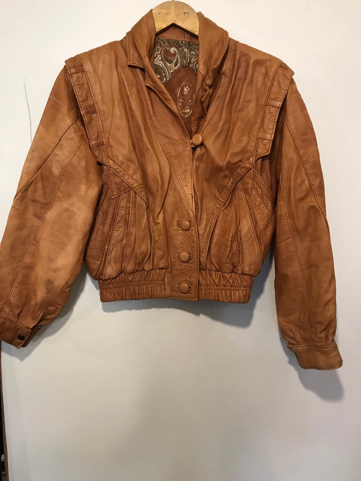 Vintage. 1980 Bomber Leather Jacket , Hipster , Cognac Brown