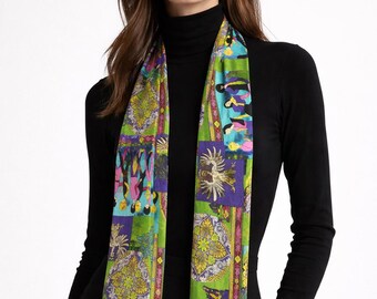 1980 100 %silk scarf / handmade stitches / green silk scarf / girls scarf / fun scarf / long silk scarf