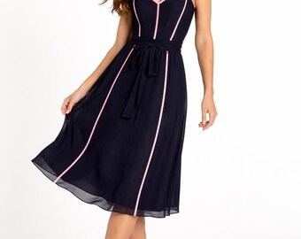 Sukienka midi L.K. Bennett 100% jedwabna, lata 00. FR38, czarno-różowa, inspirowana stylem retro, koktajlowa, kobieca, na okazję, formalne wydarzenie, wesele, dla gościa