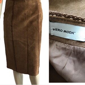 2000 / y2k Vero moda suede skirt , decorative stitches ,vintage low waist brown siede skirt ,genuine leather straight skirt ,XS size ,gift