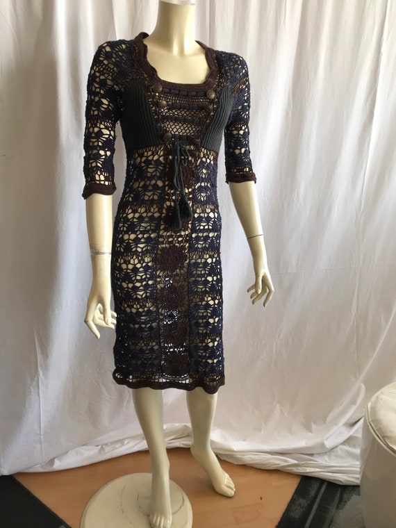 1970 Crochet fitted dress , Dark blue Mid length … - image 2