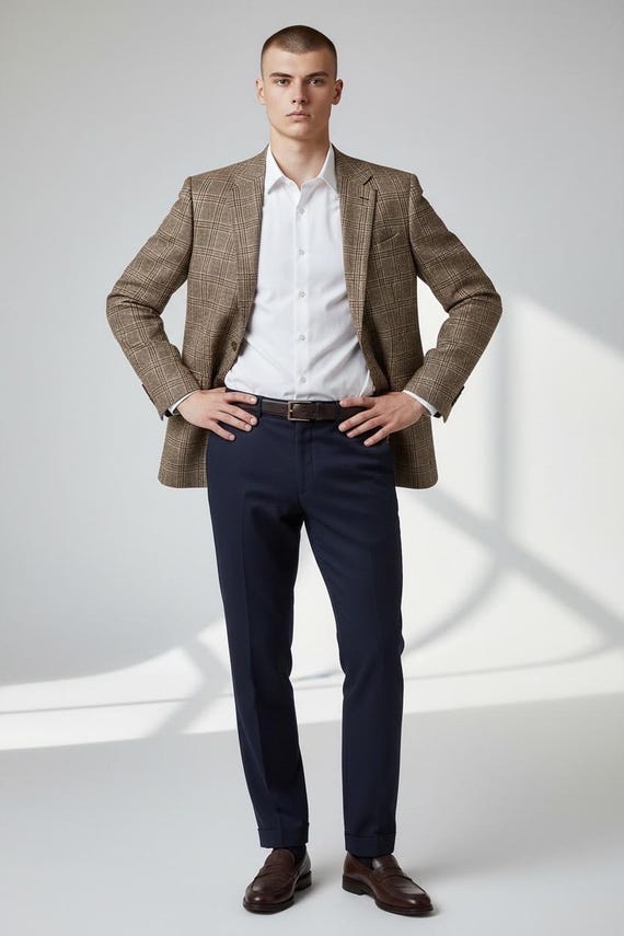 Yves Gerard 100% Lambswool Blazer – Brown Check Tweed Jacket 
