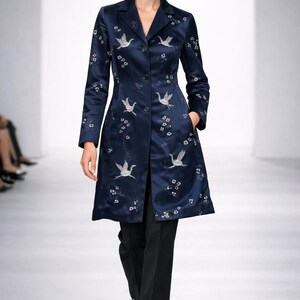 Escada Sport Silk Viscose Crane Embroidered Coat | Navy Blue Long Jacket Size 36 | Rare Asian Blossom Pattern | New with Tags | Collectible