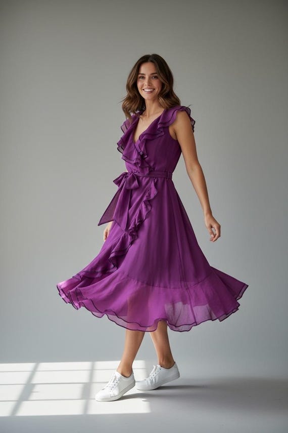 2000s ruffle dress COAST 2000s Cotton and Silk Ruffle Dress, Wrap up Purple Midi Dress, Party  Disco Gift for Her Formal Dress Summer Dress
