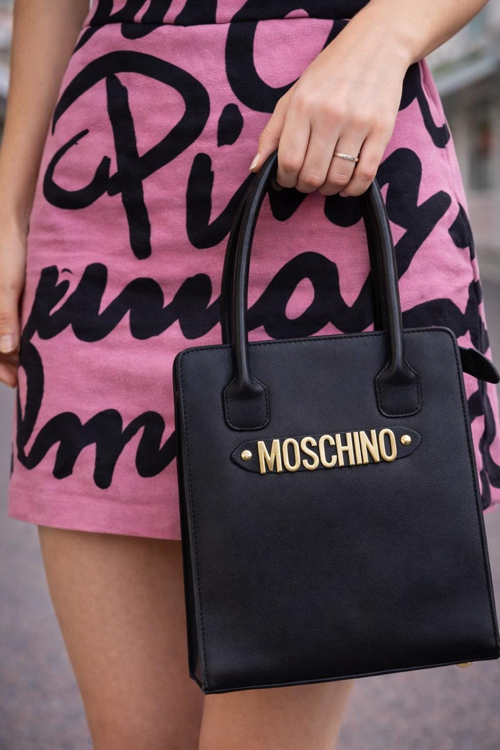 Vintage 90s Moschino Bag Black Leather Gold Letters Shoulder Bag