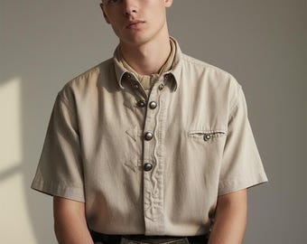 Camicia Dirndl in lino Trachten, vintage anni '90 austriaco (taglia L da uomo)