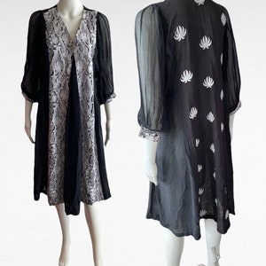 Vintage Motifz Pret Womens Black Gorgeous Embroidered A Line Dress Silk Small, 80s silk cocktail gown , Festival , Gift for her