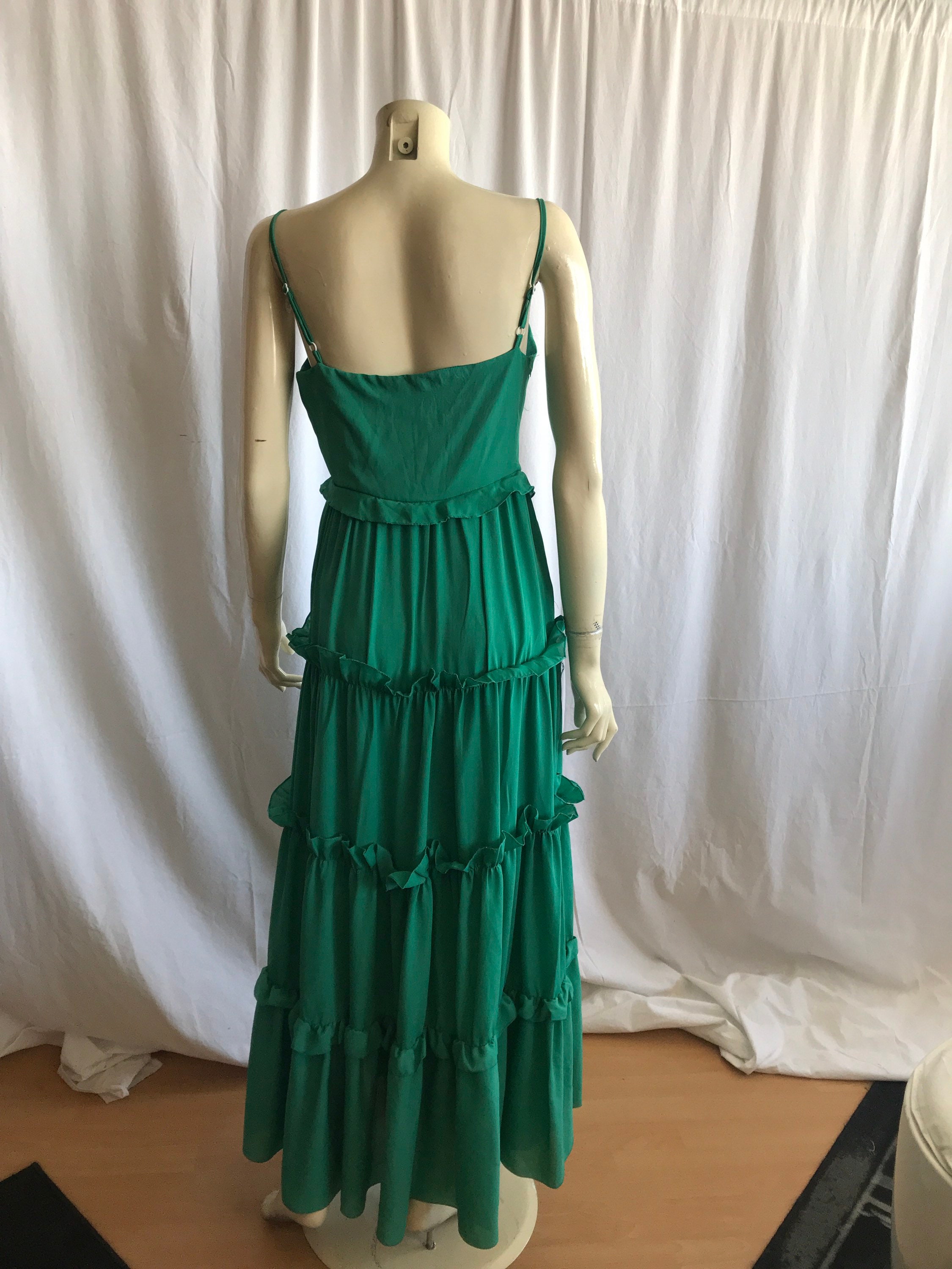 Vintage maxi dress romantic dress with frills long green 70s dress feminine Vintage maxi dress corset style maxi dress,spaghetti straps