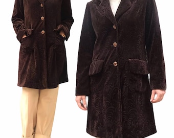 Vintage silk velvet blazer , singapore design , silk coat , brown trench , small , medium , inlayed buttons , formal , elegant , velvet