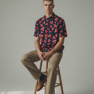 Puede incluir: Una persona con una camisa azul marino de manga corta con un estampado de rodajas de sandía rojas. La persona lleva pantalones color caqui y mocasines marrones, sentado en un taburete de madera.