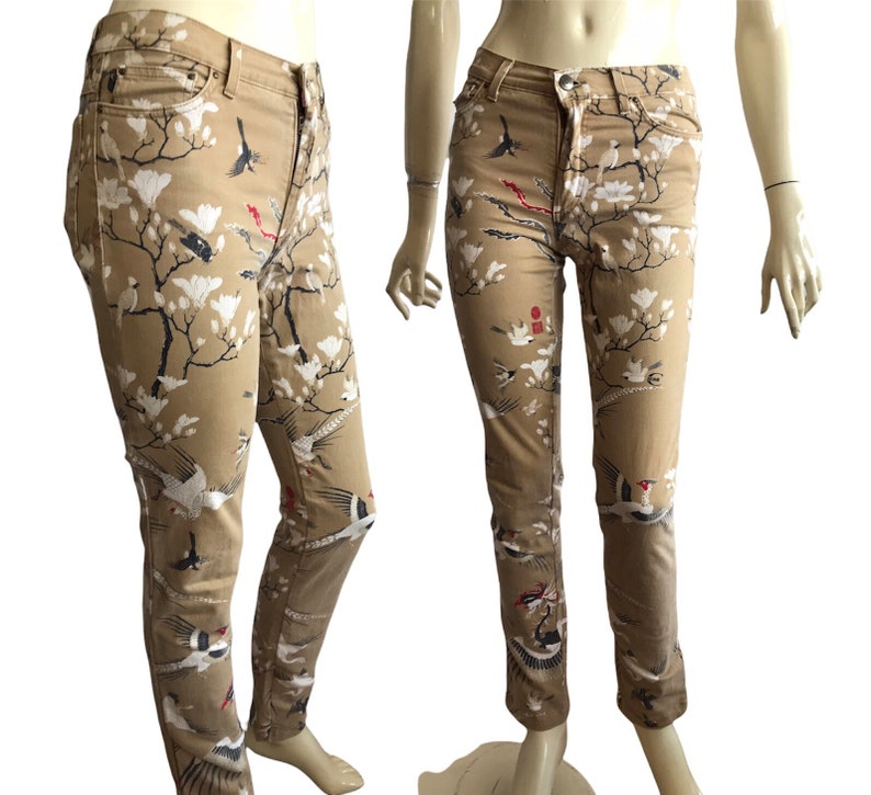 Roberto Cavalli shops charlestone vintage jeans ,hight waisted designer jeans , cranes pattern , Just Cavalli 90s rare pants