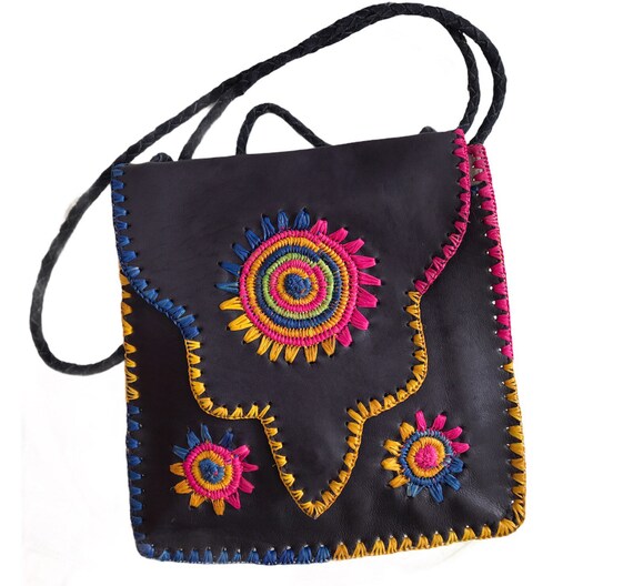 70s vintage bohemian bag, boho leather bag with m… - image 2