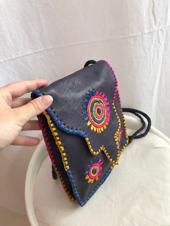 70s vintage bohemian bag, boho leather bag with m… - image 5